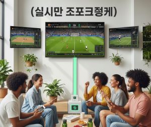 A modern, eco-conscious featured image showing fans watching multiple live sports on digital screens, with real-time overlays of scores and statistics, and a Korean banner reading “실시간 스포츠중계 (Live Sports Broadcast)”. 