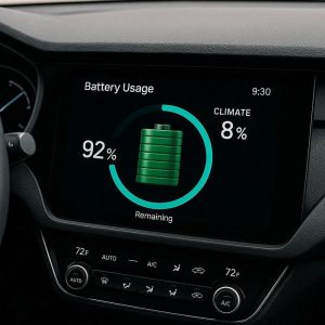 Electric vehicle dashboard showing battery usage with climate controls active